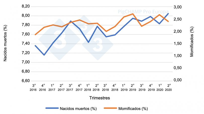Gr&aacute;fico 3.&nbsp;Porcentajes de nacidos muertos y momificados por trimestres de cubriciones, cubriciones periodo Julio 16-Junio 20.
