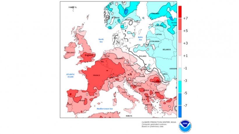 Mapa 2. Anomal&iacute;as en las temperaturas europeas (&ordm;C) entre el 26 de diciembre de 2021 y el 1 de enero de 2022 (fuente: Climate Prediction Center &ndash; NOOA)
