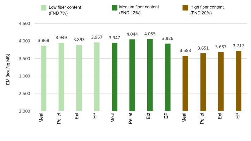 Figure 1: Effects of fiber contents and technological treatment of the diets on the metabolizable energy value (ME) kcal/kg DM (Rojas et al, 2016)
