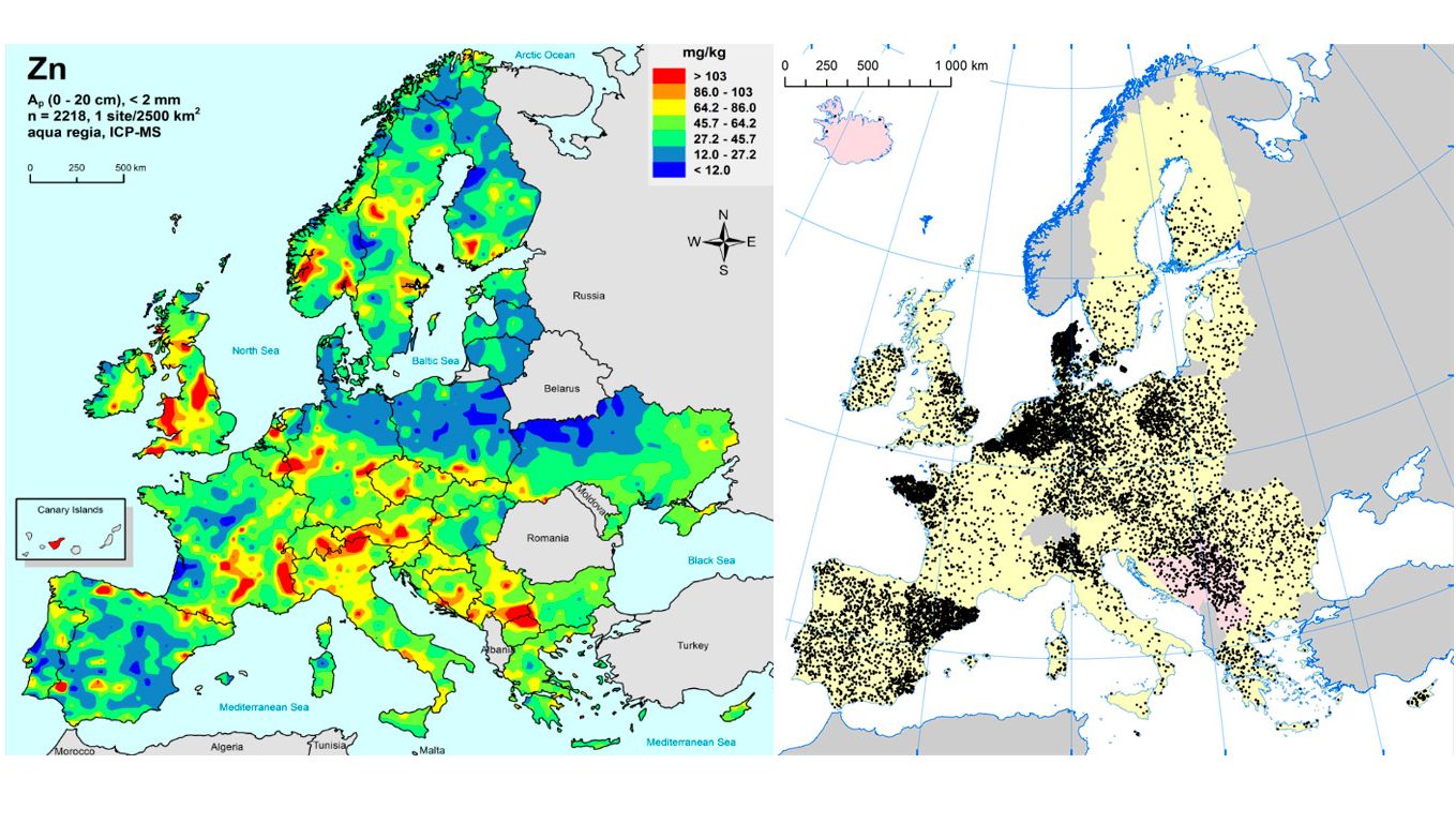 Left: Zinc in EU agricultural soils (Gemas 2014): Top soil zinc levels (top 20cm) in agricultural land in Europe (Taken from Reimann et al., 2014).

Right: EU sow herds (Eurostat, 2014).
