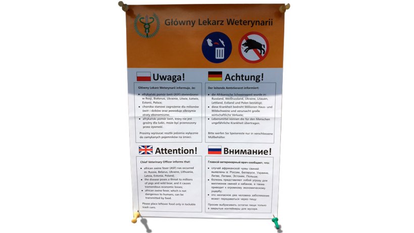 Message in Poland warning of the threat entailed by wild boars for the spreading of ASF. There is danger regarding the spreading of ASF to the rest of Europe.
