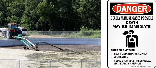 Left: Standing down wind of a pit being agitated or pumping can be a hazard for H2S concentrations. Right: Warning signs such as this one, posted outside of pig buildings may help to remind people of safe behaviors they must follow.
