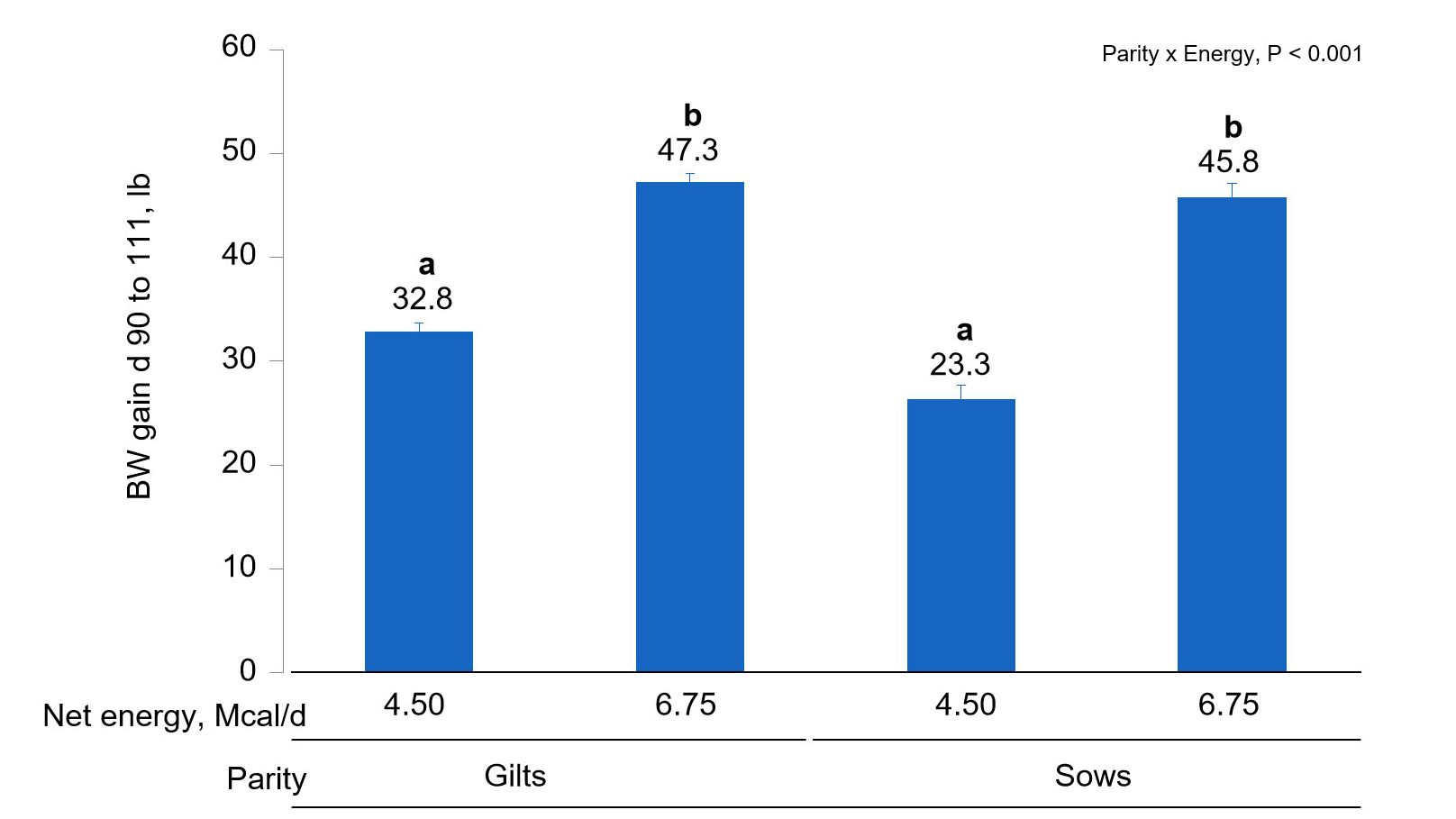 Figure 1B. Effects of different energy intake levels fed from d 90 to d 111 of gestation on BW gain of gilts and sows. Means with a different superscript within parity level differ (P < 0.05).
