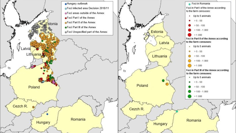 Map of ASF foci in wild boar (left) and domestic pigs (right) notified in Estonia, Latvia, Lithuania, Poland, Czech Republic and Romania in 2018 (until April 25th, 2018) (Source: RASVE-ADNS)