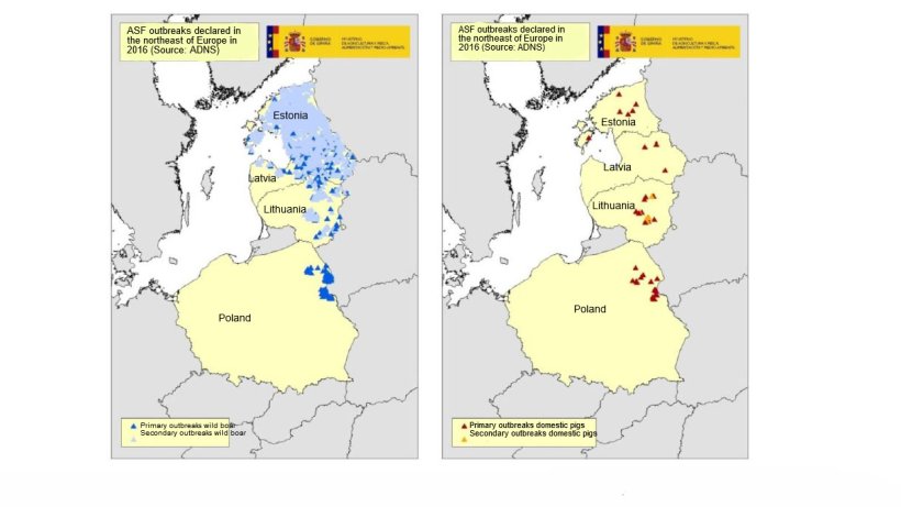 Map of the outbreaks declared in Estonia, Latvia, Lithuania and Poland in 2016 (Source: RASVE-ADNS)
