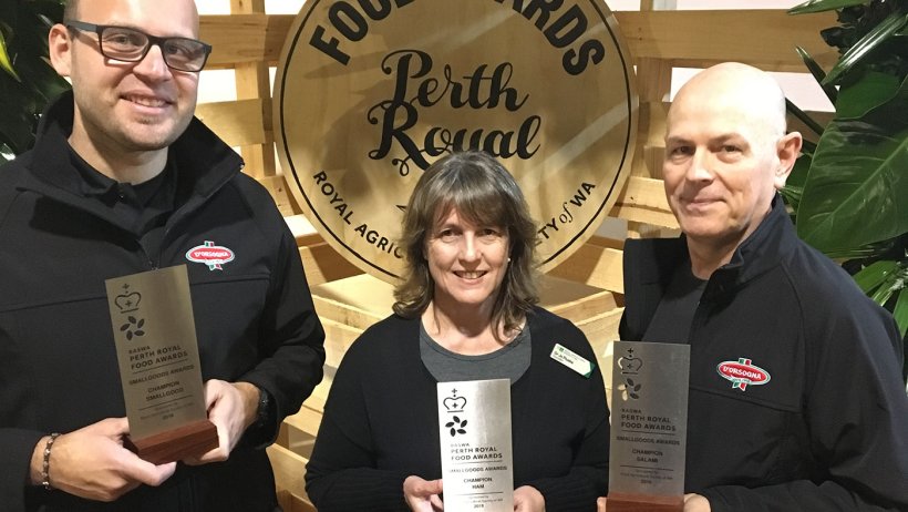 D&rsquo;Orsogna was a big winner at the 2018 Perth Royal Show Branded Meat Awards. Here, Jamie Neri, D'Orsogna Sales Manager and Paul Butcher, D'Orsogna Marketing Manager accept the three awards from Royal Agricultural Society of WA&rsquo;s Councillor in Charge Dr Jo Pluske.
