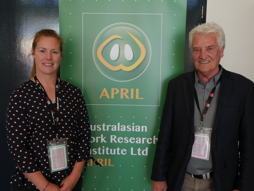 Dr Alice Weaver with Acting APRIL CEO Dr Roger Campbell at the 2018 Pan Pacific Pork Expo. Dr Weaver&rsquo;s University of Adelaide PhD was supported by Pork CRC and in 2016 she was the first Industry Placement Program appointment under South Australian Government funding to Pork CRC.
