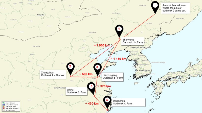 Map of the situation of the ASF outbreaks in China
