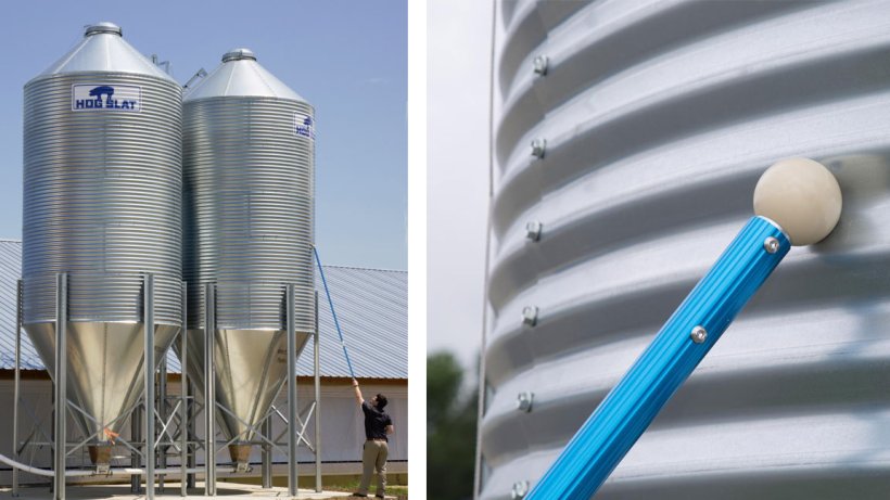 Hog Slat’s Bin Stik easily notes the noise difference between empty and filled ridges of the bin, quickly revealing internal feed bin content levels from the ground