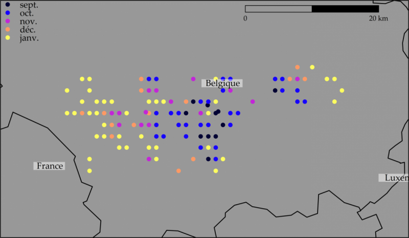 Location of the ASF cases in the south of Belgium.