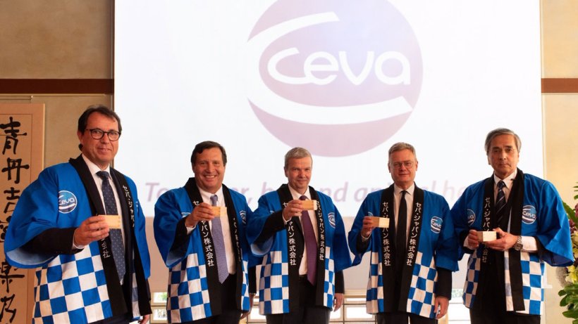 From left to right: Ruud Aerdts, Ceva Asia Zone Director; Gabriel Rshaid, Ceva Global Operations Director; Marc Prikazsky, Ceva Chairman & CEO; Laurent Pic, Ambassador of France to Japan; Astushi Yasuda, Ceva Japan General Manager