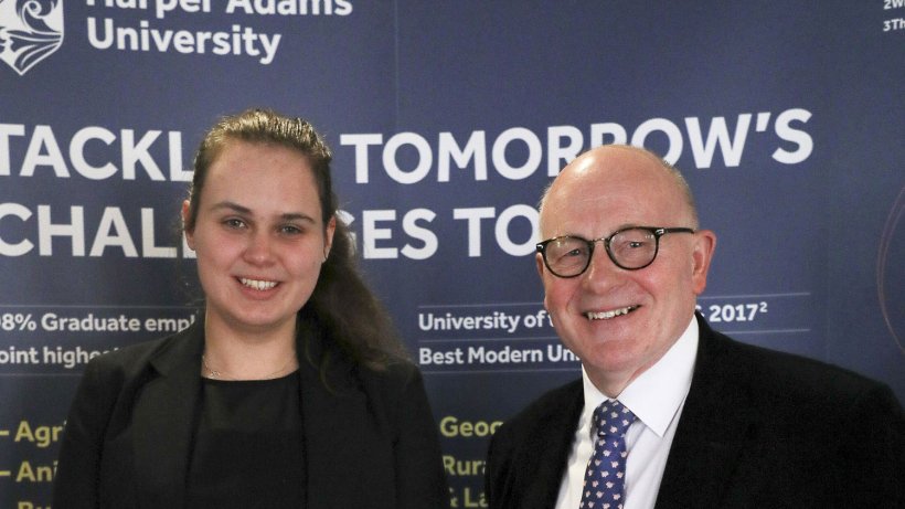 Engineering student and scholarship recipient, Anita Woolf, with Farmex managing director, Hugh Crabtree, at an awards ceremony at Harper Adams University.
