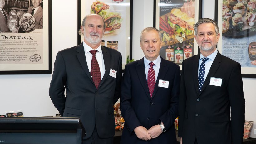 D'Orsogna Board Members Massimo Valentini, Tony Iannello (Chair) and Marco D'Orsogna at D’Orsogna’s $66 million food manufacturing facility at Merrifield Business Park, Melbourne.