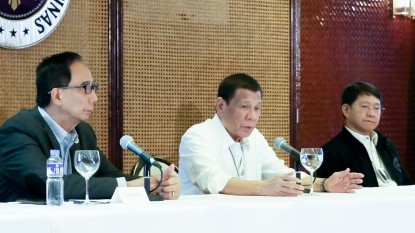 President Rodrigo Duterte with Agriculture Secretary William Dar, and Interior and Local Government Secretary Eduardo A&ntilde;o
