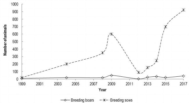 Figure 1. Chronological population dynamics of Mangalitsa pig breed, presenting the number of sows and boars per year, starting with the year of herd book establishment.
