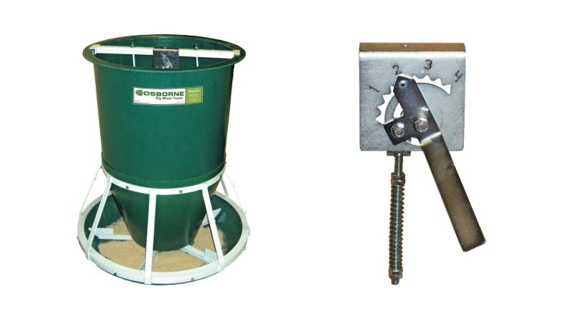 Big Wheel&reg; Pig Feeder (left) and Feed Flow Control (right) featuring an easy-to-read numbered position system for making microadjustments to feed flow.
