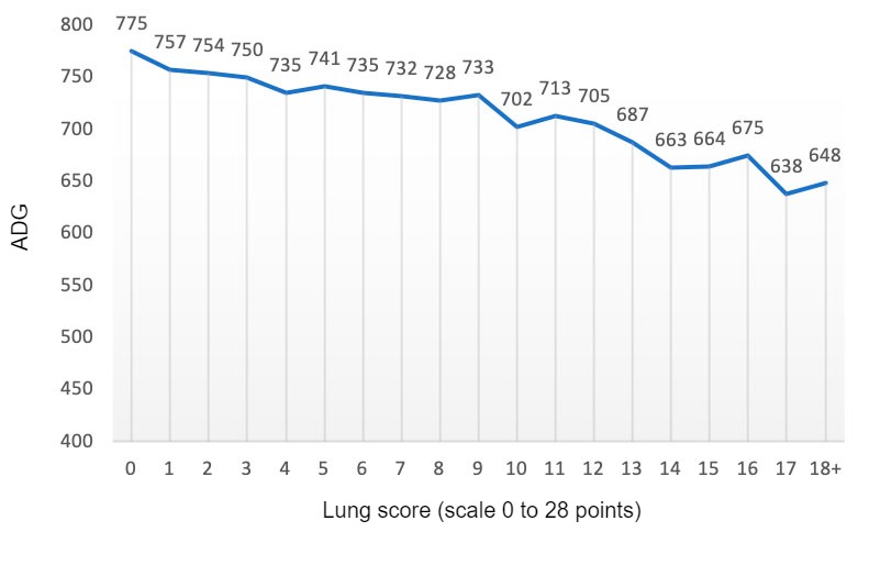 Figure 2: ADG value (grams) in relation to the lung score (scale of &nbsp;0 to&nbsp;28 points). Adapted by Pagot et al. (2007).
