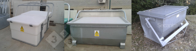 Image 4-6 (from left to right). Example of a 500-liter plastic container, example of a 1500-liter galvanised sheet metal container, example of a 1000-liter galvanised sheet metal container. Photos courtesy of Secanim (Spain).
