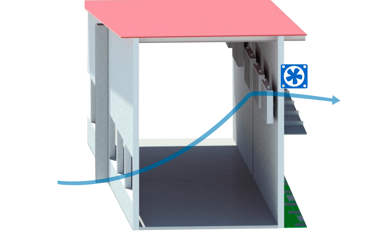 Figure 5: Farrowing building with an overpreassure system, no air filtration and water-air heat exchangers.
