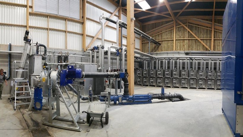 The technical equipment has been put together individually for the AD plant. Heat pumps (rear) ensure efficient use of waste heat and the MULTIMix (front left) shreds the substrates in advance.