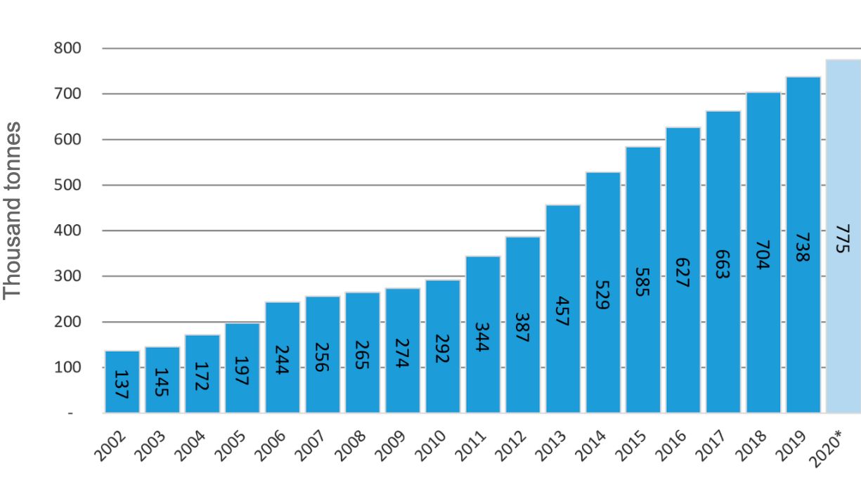 Graph 1. Evolution of production 2002/20. Source: Ministry of Agriculture, Livestock and Fisheries of Argentina (MAGyP) and own data - Year 2020 projected data.

