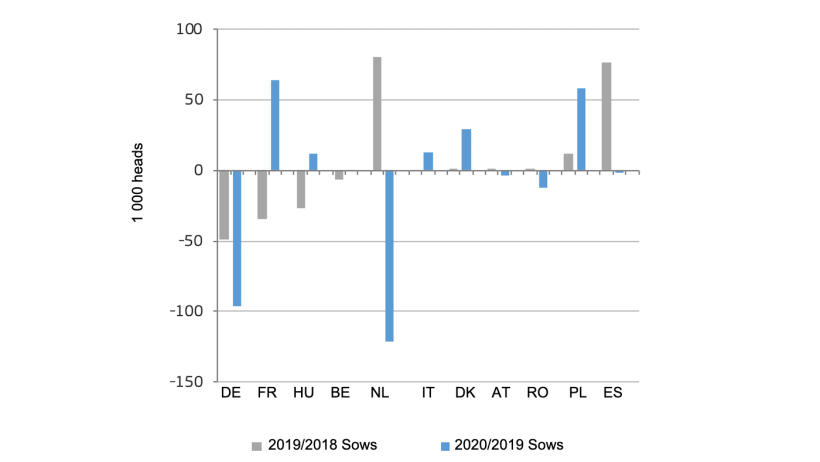Change in number of breeding sows in main producing EU countries. Source:&nbsp;DG Agriculture and Rural Development, based on Eurostat.
