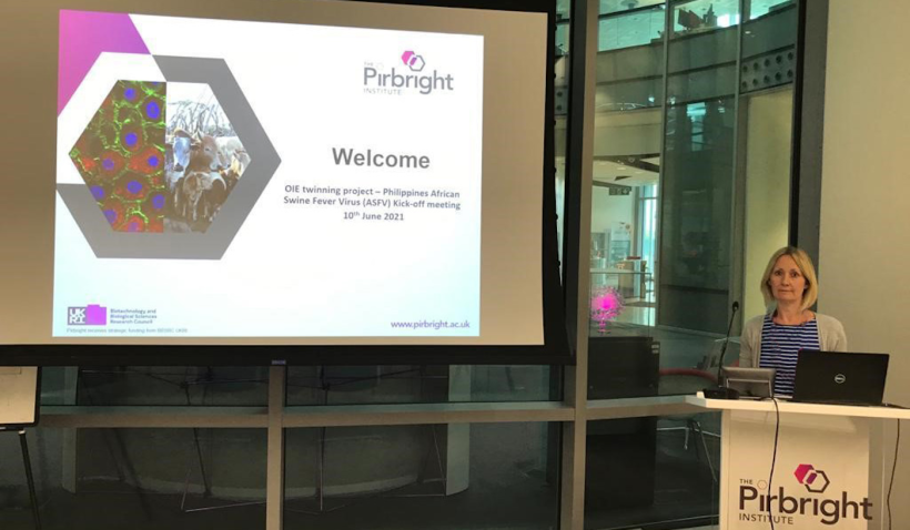 Dr Carrie Batten at the speaking podium, ready to commence the virtual OIE ASF twinning project kick-off meeting.