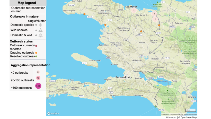 Map of ASF outbreaks in Haiti. Source: OIE.&nbsp;&copy; OpenStreetMap contributors.&nbsp;https://www.openstreetmap.org/copyright
