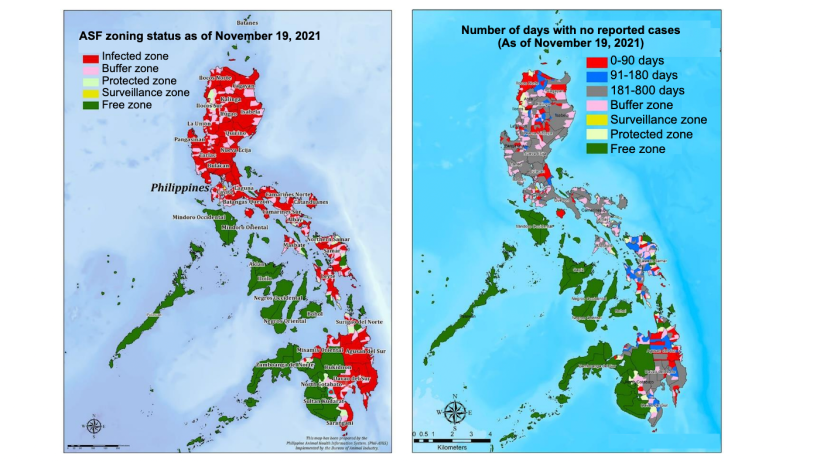 African swine fever zoning status as of November 19, 2021. Source: USDA from the&nbsp;Department of Agriculture-Bureau of Animal Industry.
