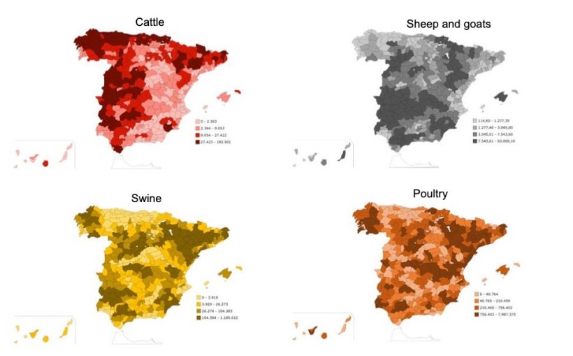 Geographical distribution of livestock types, by species. Source: INE.
