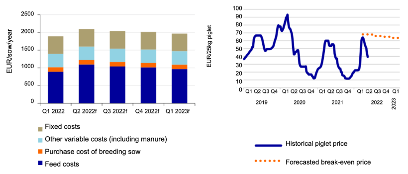 Left: Production costs on sow farms to increase by 11% in Q2 compared to Q1 2022. Source: KWIN, InterPIG, European Commission, Agrimatie, Rabobank 2022.
Right: Forecasted break-even piglet prices. Source: European Commission, Rabobank 2022.