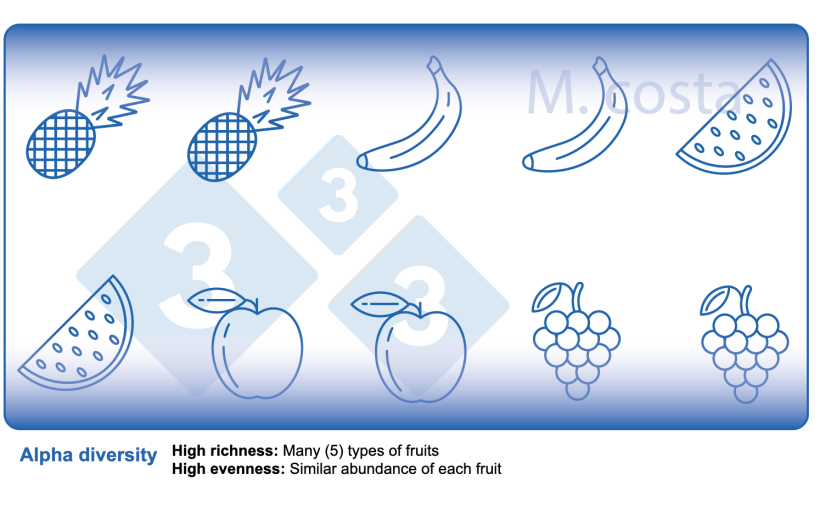 Figure 2. How to interpret measures of microbial diversity within samples (alpha diversity). Diversity is a product of richness (e.g. types of fruits) and evenness (e.g. distribution or abundance of each type of fruit) in a given sample.
