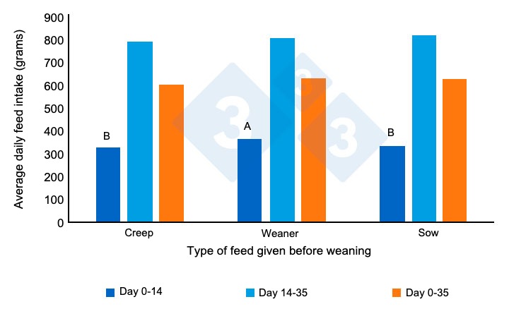 Figure 2. Average daily feed intake (grams/day) of the piglets post-weaning. Adapted from Heo et al. (2018). Different superscripts (AB) in the bars indicate a significant difference between treatments (P<0.00).&nbsp;
