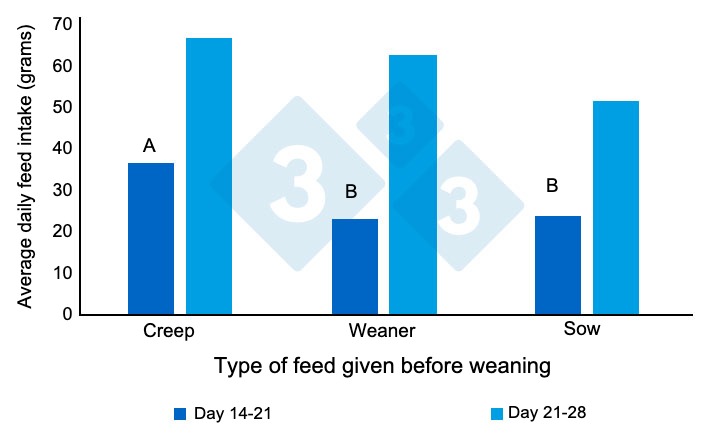 Figure&nbsp;1. Average daily feed intake of the eaters (grams/day) pre-weaning. Adapted from Heo et al. (2018). Different superscripts (AB) in the bars indicate a tendency for a significant difference between treatments (P<0.10).&nbsp;
