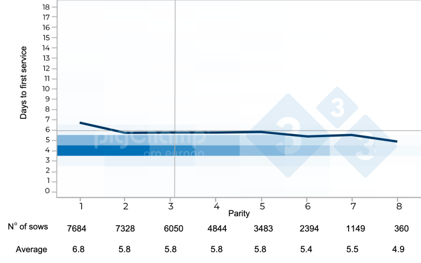 Figure 4.&nbsp;Wean-to-first service interval of nurse sows as a function of parity number 2017-2021.
