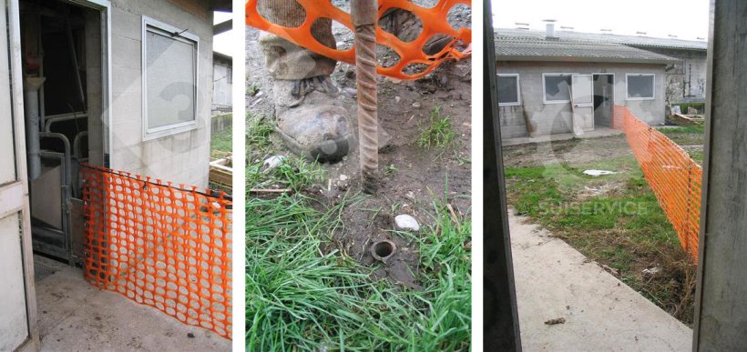 The fence is placed between two buildings located tens of meters apart. One end remains fixed, and the other is unrolled and fastened to the other door, inserting the rods into the tubes that have been driven into the ground at distances corresponding to the rods fastened to the mesh.
