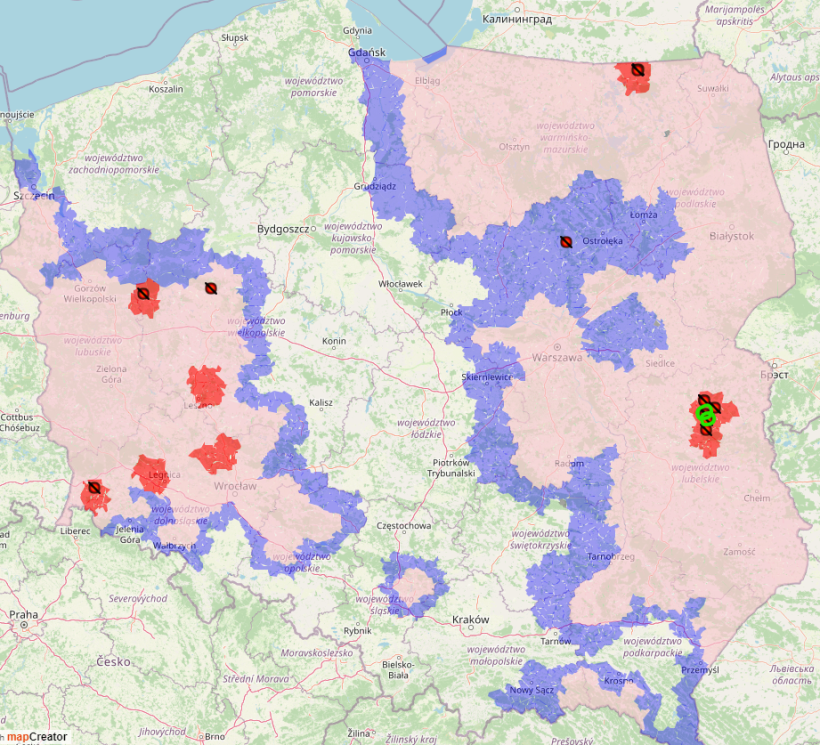 ASF outbreaks number 11 and 12 are marked in green. Red dots indicate ASF outbreaks that have occurred since the beginning of 2023. (Source: GIW)