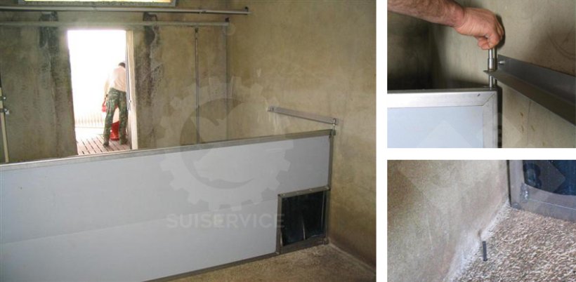 The panel is fixed by a pin that holds it to a rod screwed to the wall, which has two positions. On the floor, a rod holds the panel in place. Immediately after weaning, the panel is fixed in the first position, enclosing a rather small nest, and after a few days, as the piglets grow, it is moved to the second position.
