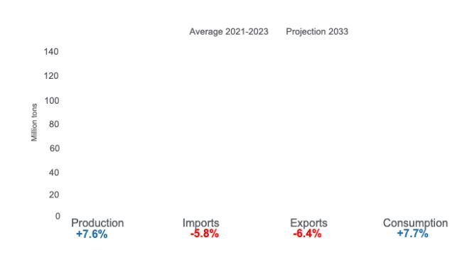 Projected pork production, imports, exports, and consumption for 2033 - variations with respect to the 2021 - 2023 average. Prepared by 333 Latin America with data from OECD - FAO Agricultural Outlook 2024 - 2033.