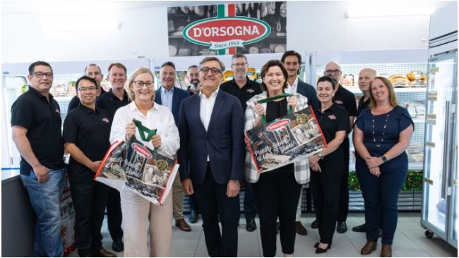 MLA for Bicton Lisa O’Malley, D’Orsogna board member Eugene D’Orsogna, WA Agriculture and Food Minister Jackie Jarvis and D’Orsogna board members and executive celebrate at D’Orsogna’s Palmyra, WA headquarters after the announcement by Minister Jarvis of the $1 million Value Added Investment Grant.