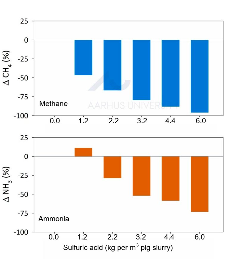 Figure 1. Danish regulations prescribe the addition of 6 kg sulfuric acid per m3 pig slurry to reduce ammonia emissions. In a pilot study, six different doses of acid (0 to 6 kg per m3) were used. The two graphs show percentage changes in methane and ammonia emissions, with untreated pig slurry as reference. Source: Ma et al., 2022.
