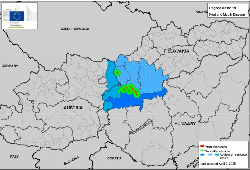Protection and surveillance zones and additional restriction zone according to Document PLAN/FMD08 REV1/2025 2025-SANTE G2. Last update April 2, 2025. Source: EC.