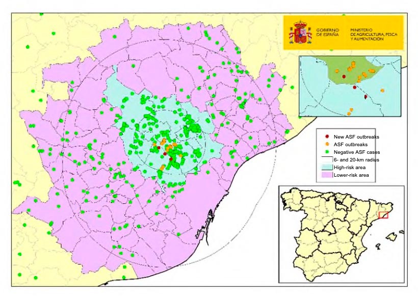 Location of the 23 outbreaks in wild boars and captured or found dead negative boars detected in Catalonia (Source: MAPA).