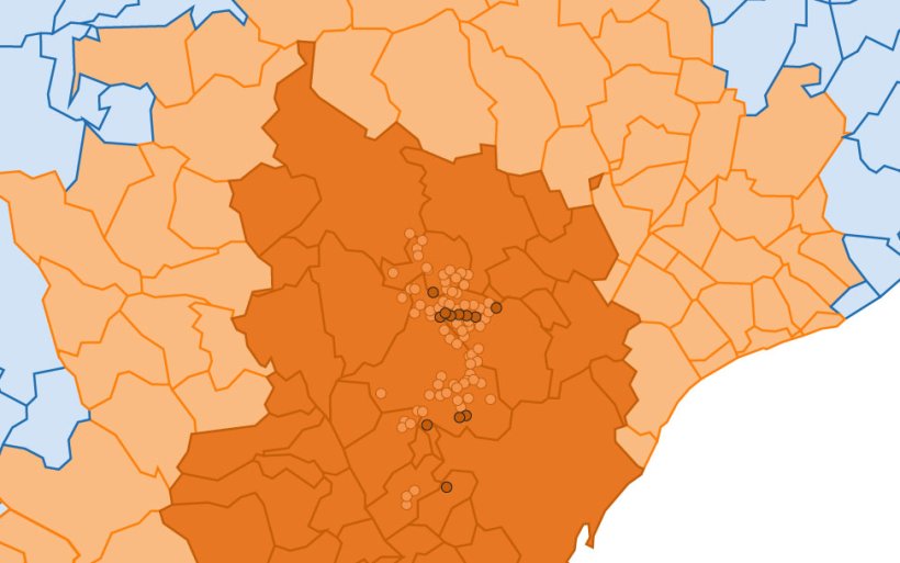Detailed location of the 216 cases of wild boar detected in restricted zone II. Light circle: previous cases. Dark circle: newly reported cases (Source: Department of Agriculture, Livestock, Fisheries and Food).
