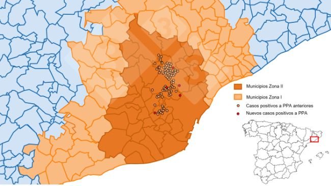 Location of the 40 outbreaks in wild boars and of captured or found-dead wild boars or testing negative in restricted zone II (Fuente: MAPA).