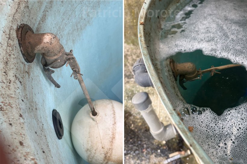 Photo 1. On the left, a damaged float valve. On the right, an overflowing tank due to a float valve&nbsp;failure.

