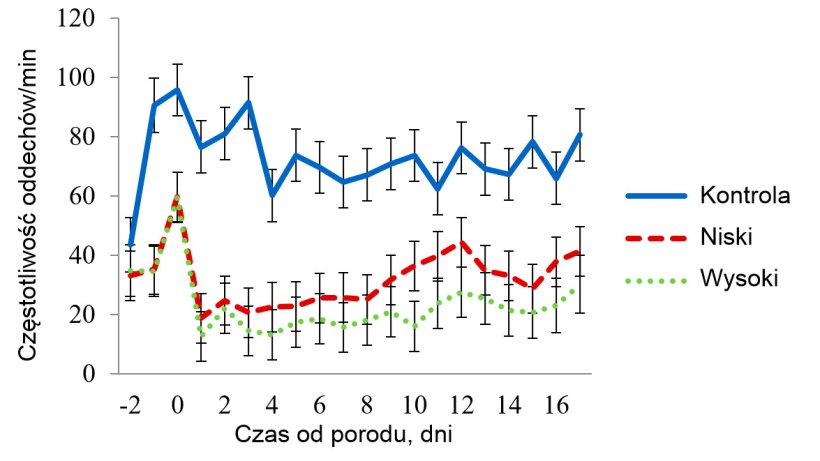 Wykres 4 - Średnia najmniejszych kwadrat&oacute;w dla częstotliwości oddech&oacute;w (RR) &nbsp;u loch w pomieszczeniach ze średnim stresem cieplnym. Temperatury wynosiły 32 &ordm;C w godz. 08.00-16.00 i 27 &ordm;C w pozostałych godzinach. Stosowanie mat (Trt) wpłynęło na RR (P < 0.001), podobnie jak temp. pomieszczeń (Room), pora dnia (Time), dzień laktacji i interakcje między of Trt x Room, Trt x Time, Room x Time.
