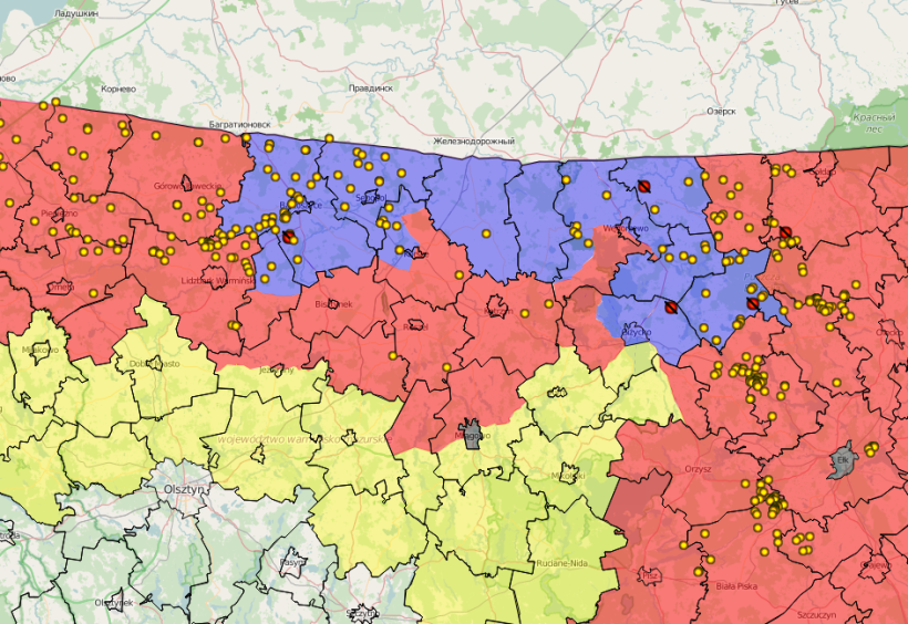 Czerwone punkty: ASF świnie, ż&oacute;łte: ASF dziki