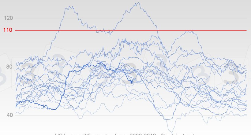 Wykres 4. Zmiany w cenach świń w USA od 2002 r. Pogrubiona linia pokazuje ceny w 2019 r. Czerwona linia jest medianą wartości podawanych przez ankietowanych w naszej ankiecie.
