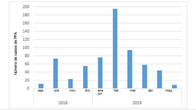 Miesięczna liczba ASF-dodatnich dzików odnotowywana w Belgii po pierwszym przypadku we wrześniu 2018 r. (Źródło: ADNS z dnia 8 lipca 2019 r.).